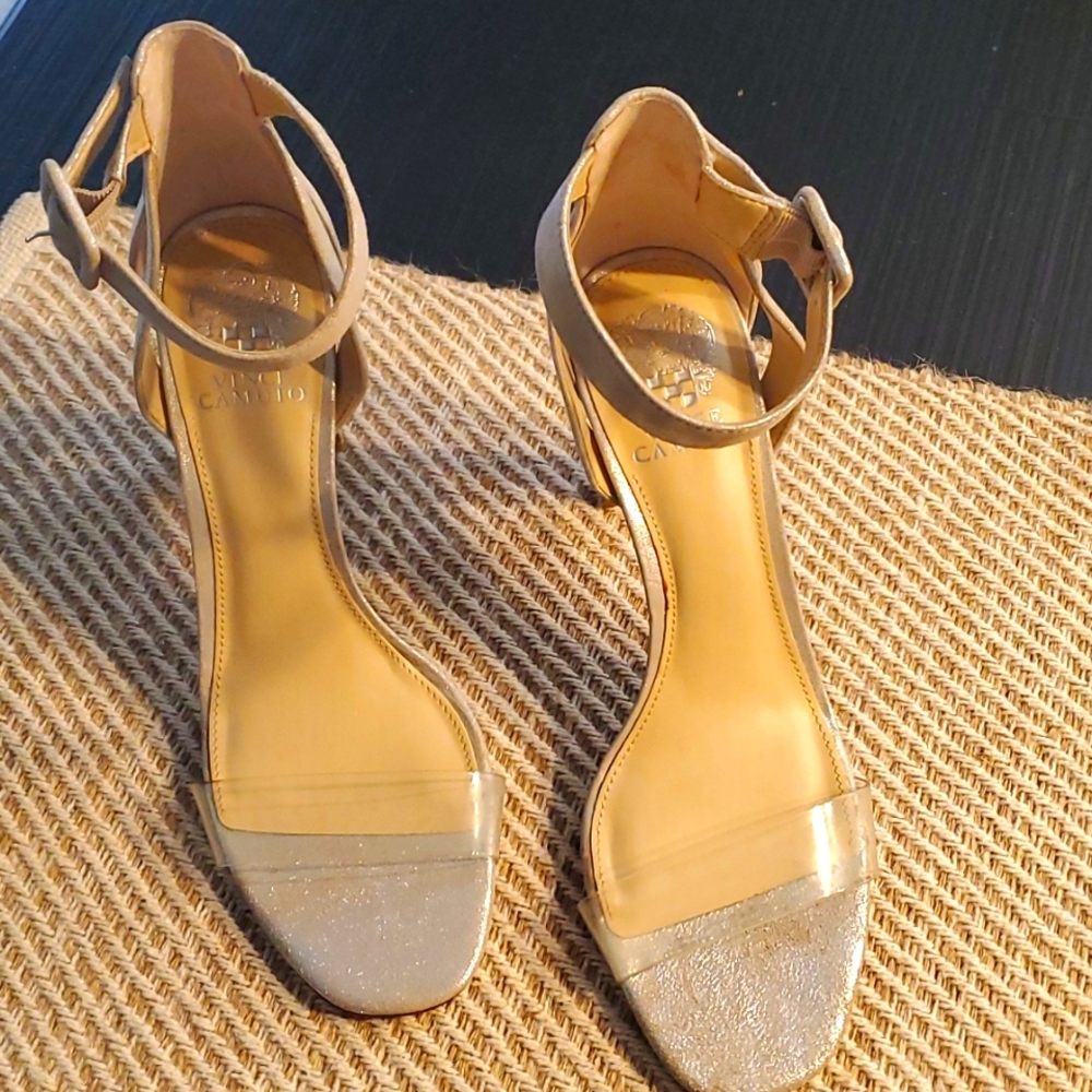 Vince Camuto Nude/Tan Clear Strap Block Heel Sandals